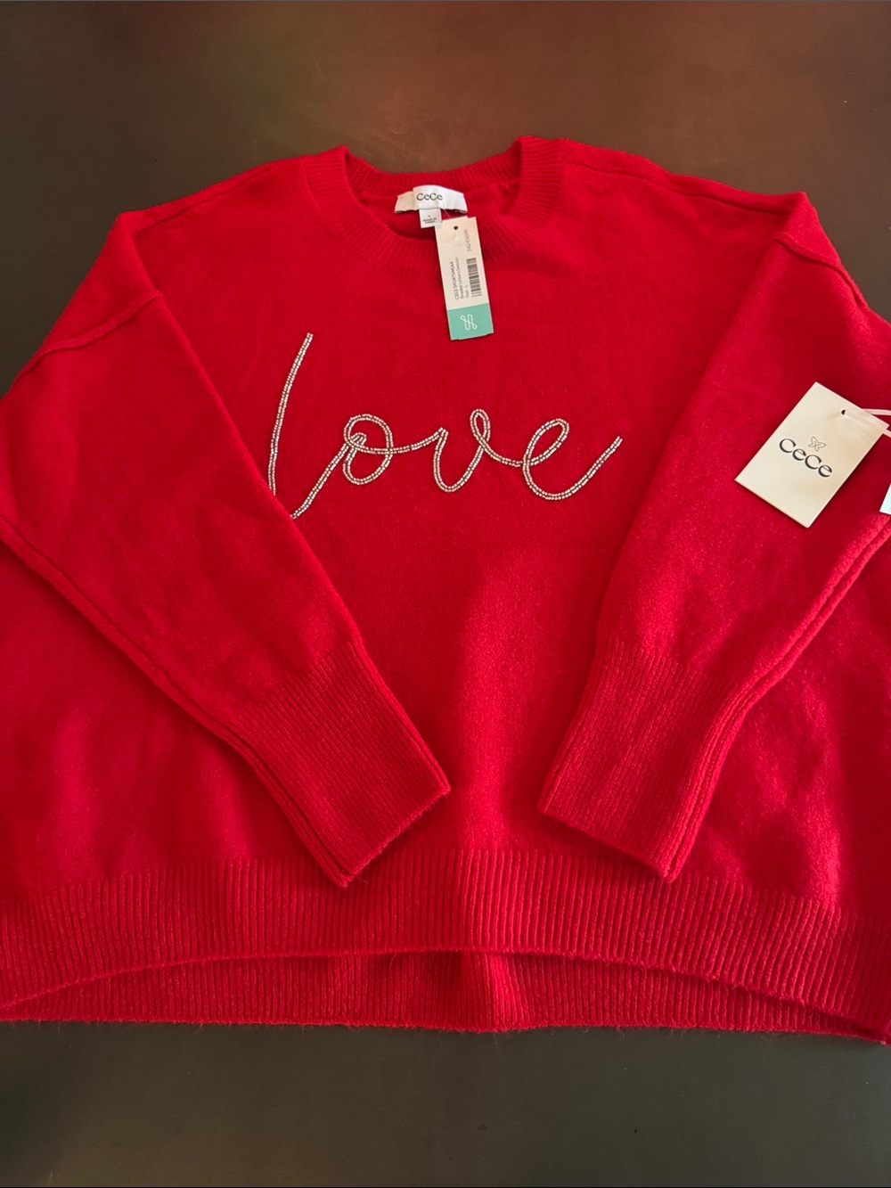 CeCe Red Crewneck Sweater with Rhinestone "Love" Script - Picture 5 of 7